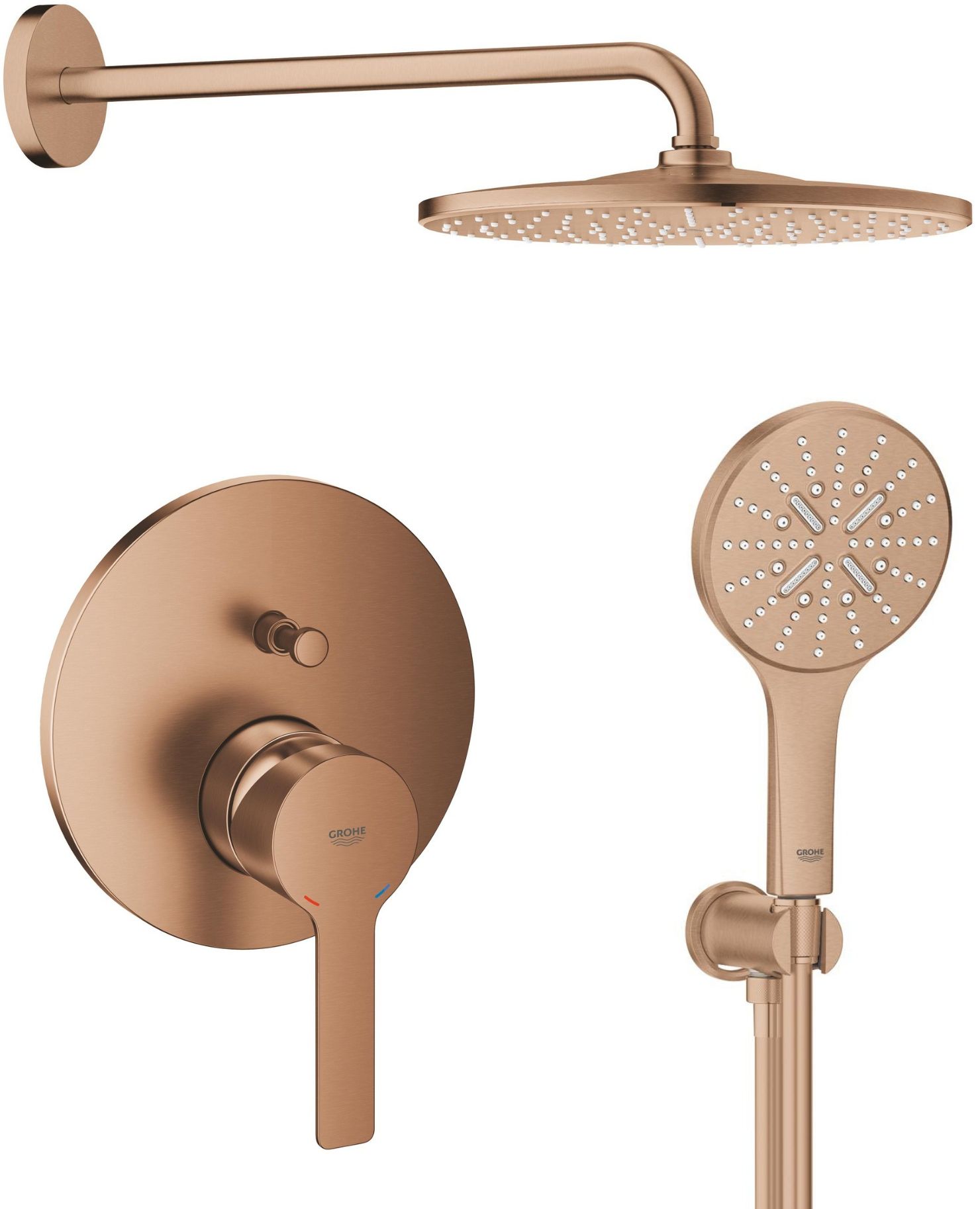Set soffione doccia con braccio Grohe Rainshower Mono 26558DL0, rubinetto per vasca e doccia Grohe Lineare 24064DL1, 26574DL0, 26658DL0, 28388DA1