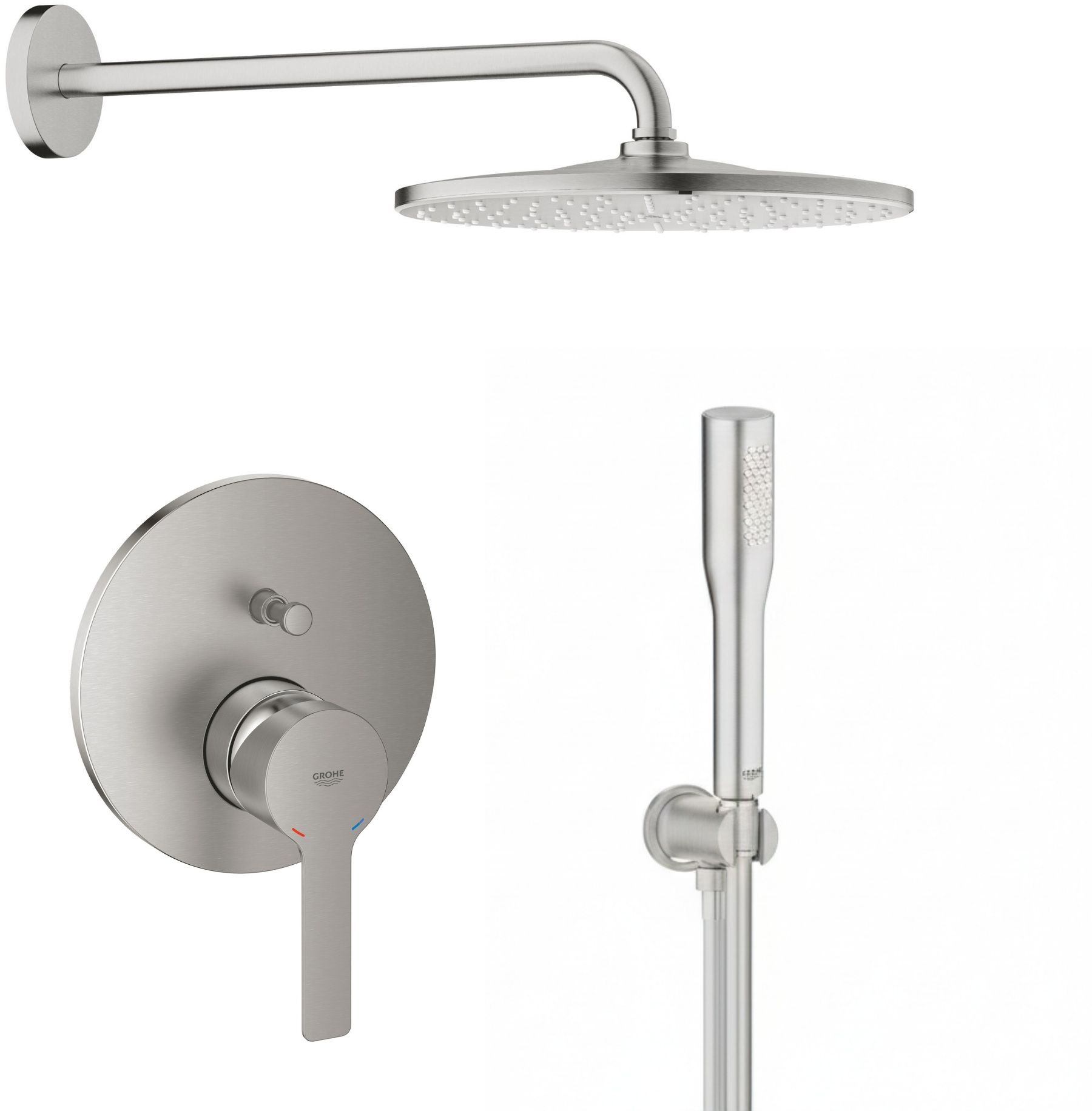 Set soffione doccia con braccio Grohe Rainshower 26558DC0, rubinetto per vasca e doccia Grohe Lineare 24064DC1, 26658DC0, 27400DC0, 28362DC1
