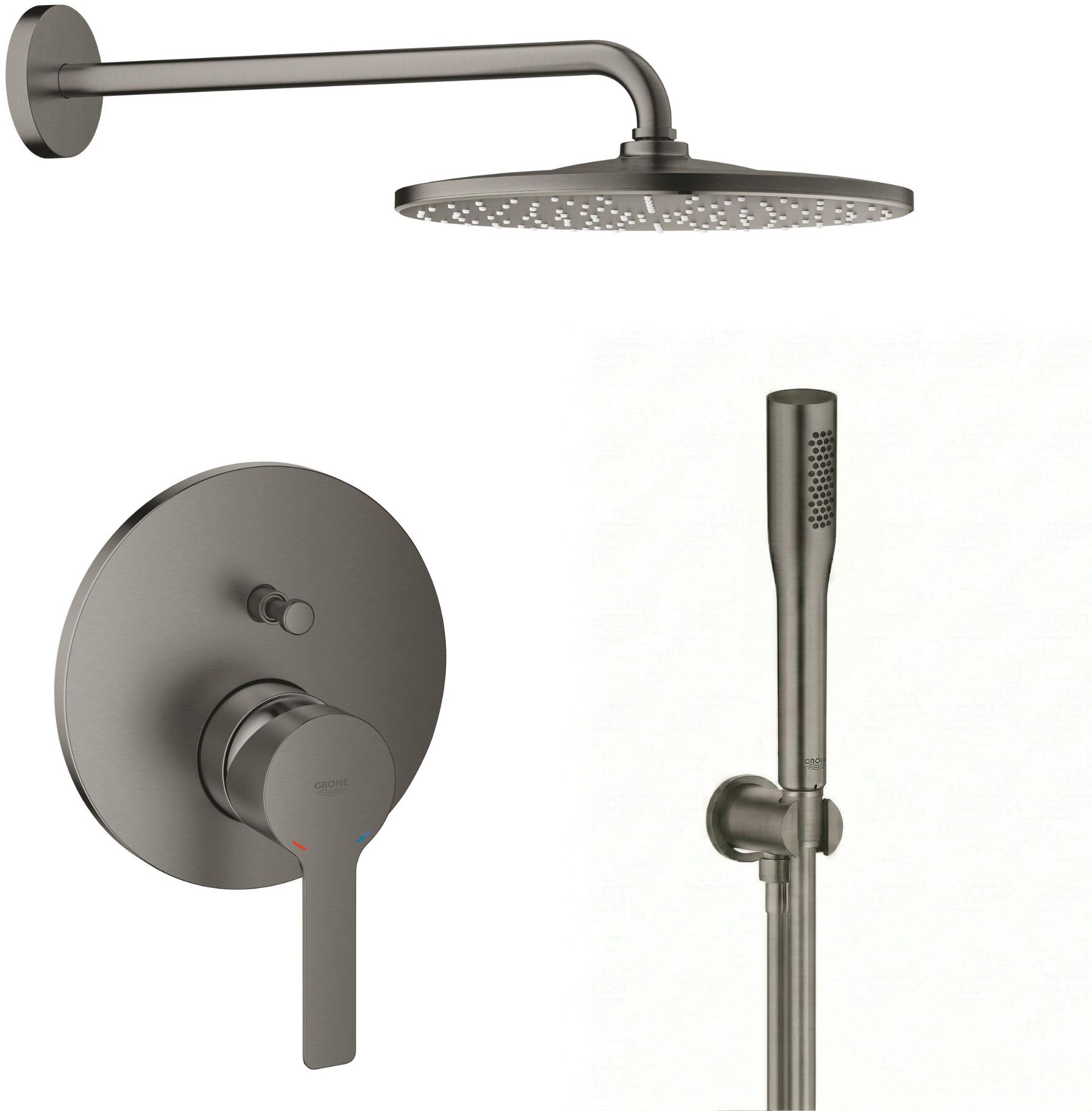 Set soffione doccia con braccio Grohe Rainshower 26558AL0, rubinetto per vasca e doccia Grohe Lineare 24064AL1, 26658AL0, 27400AL0, 28362A01