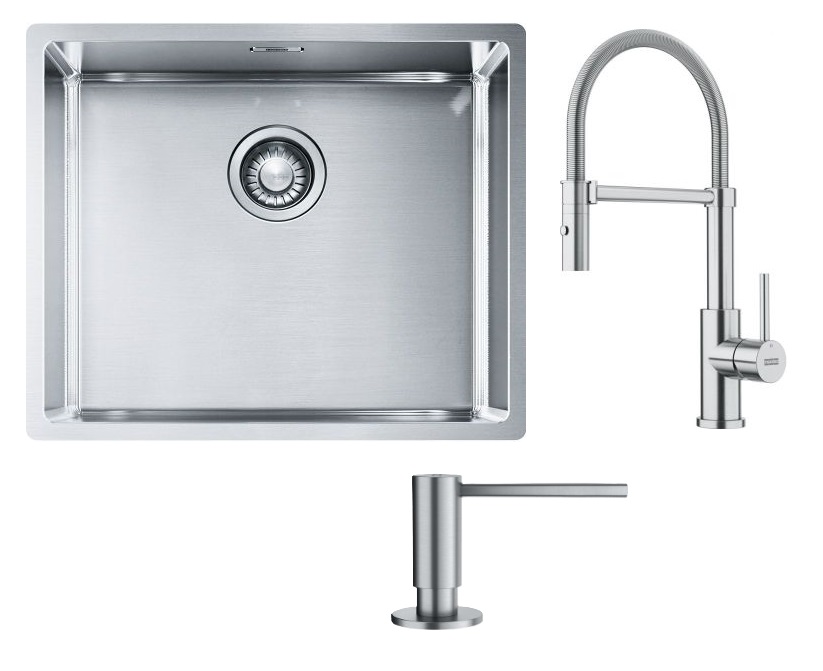 Set lavello in acciaio Franke Box 127.0453.656, rubinetto da cucina Franke Smart Glenda 115.0747.475, 112.0717.084