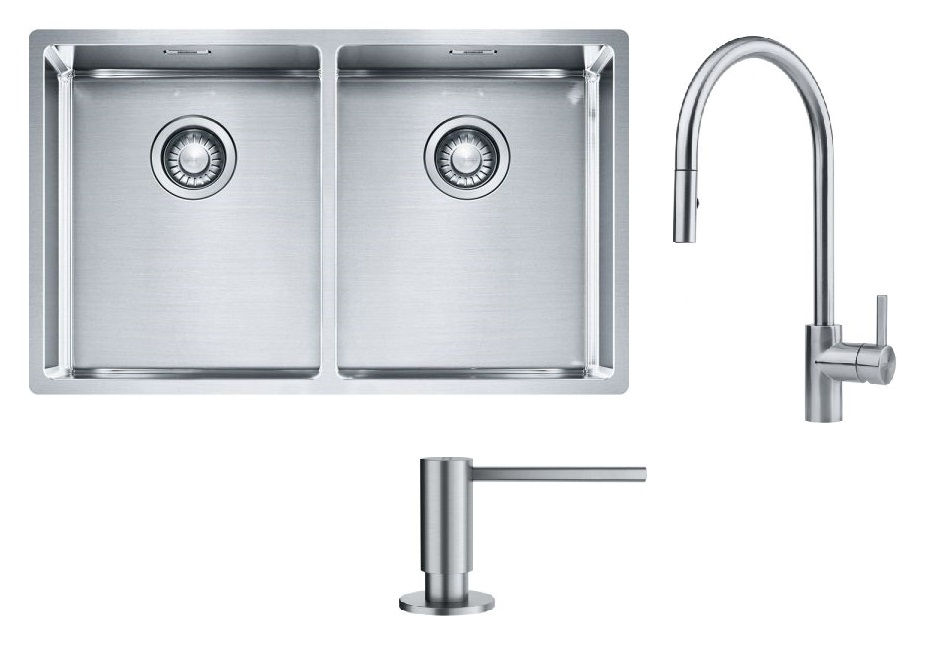 Set lavello in acciaio Franke Box 127.0370.188, rubinetto da cucina Franke Eos 115.0590.045, 112.0717.084