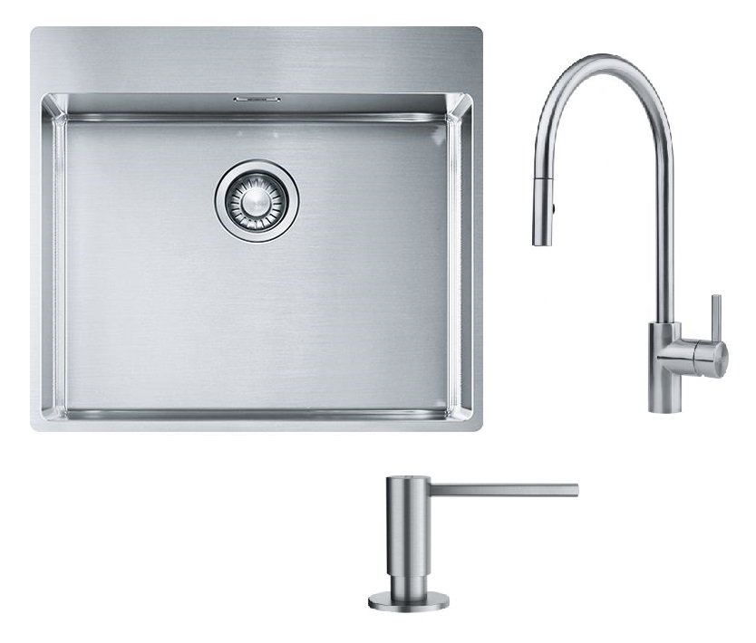 Set lavello in acciaio Franke Box 127.0369.295, rubinetto da cucina Franke Eos 115.0590.045, 112.0717.084