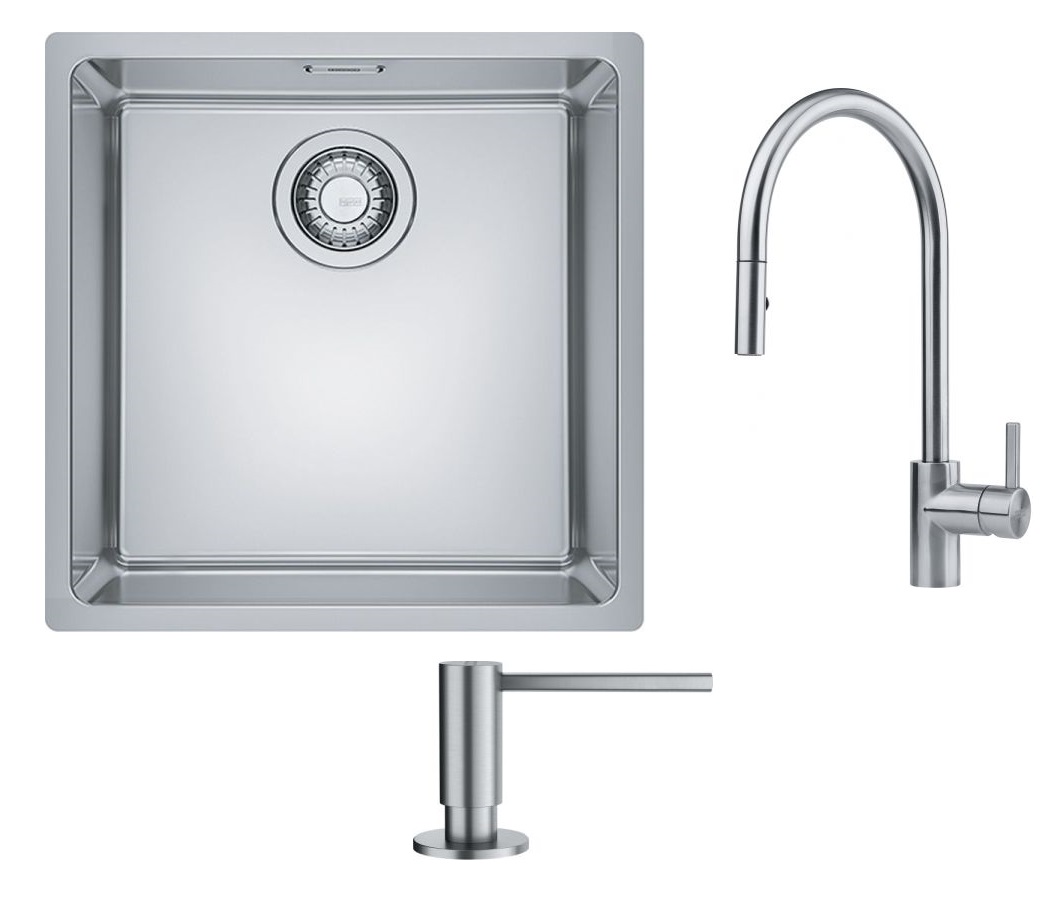 Set rubinetto da cucina Franke Eos 115.0590.045, lavello in acciaio Franke Maris 122.0525.224, 112.0717.084