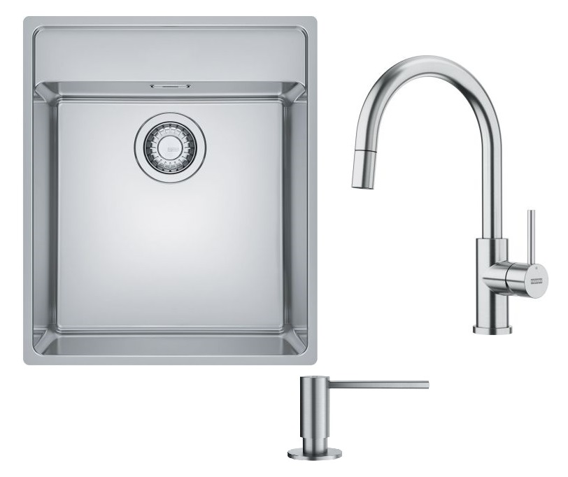 Set lavello in acciaio Franke Maris 127.0525.272, rubinetto da cucina Franke Smart Glenda 115.0747.474, 112.0717.084