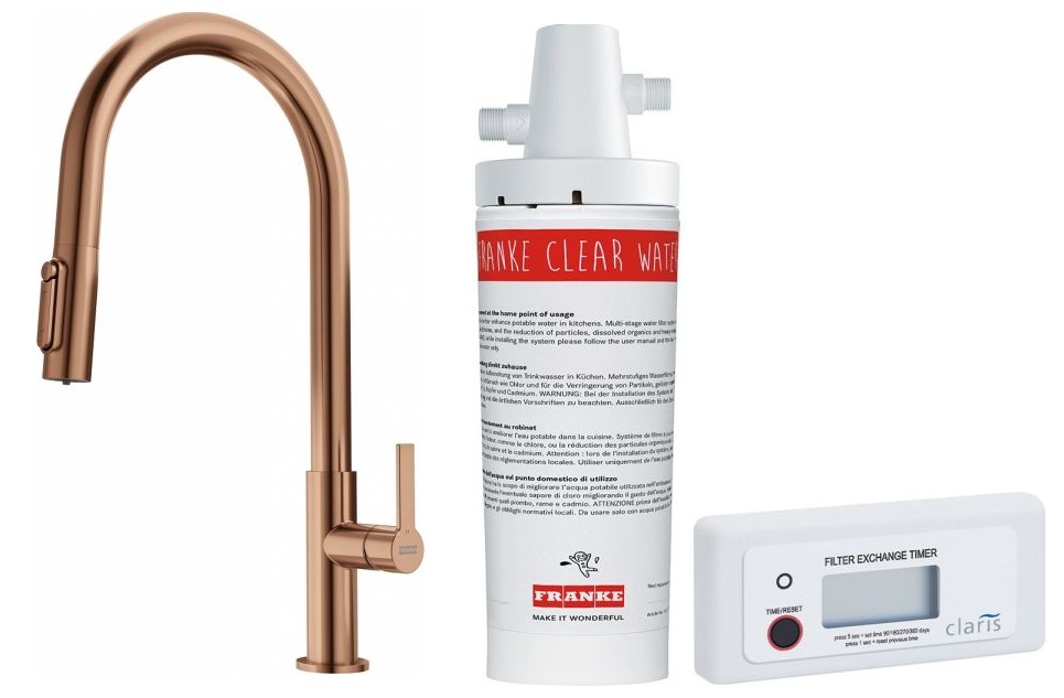 Set rubinetto da cucina Franke Maris Slim Clear Water J Pull-Out 120.0736.602, filtro sottolavello Franke Clear Water 133.0284.025
