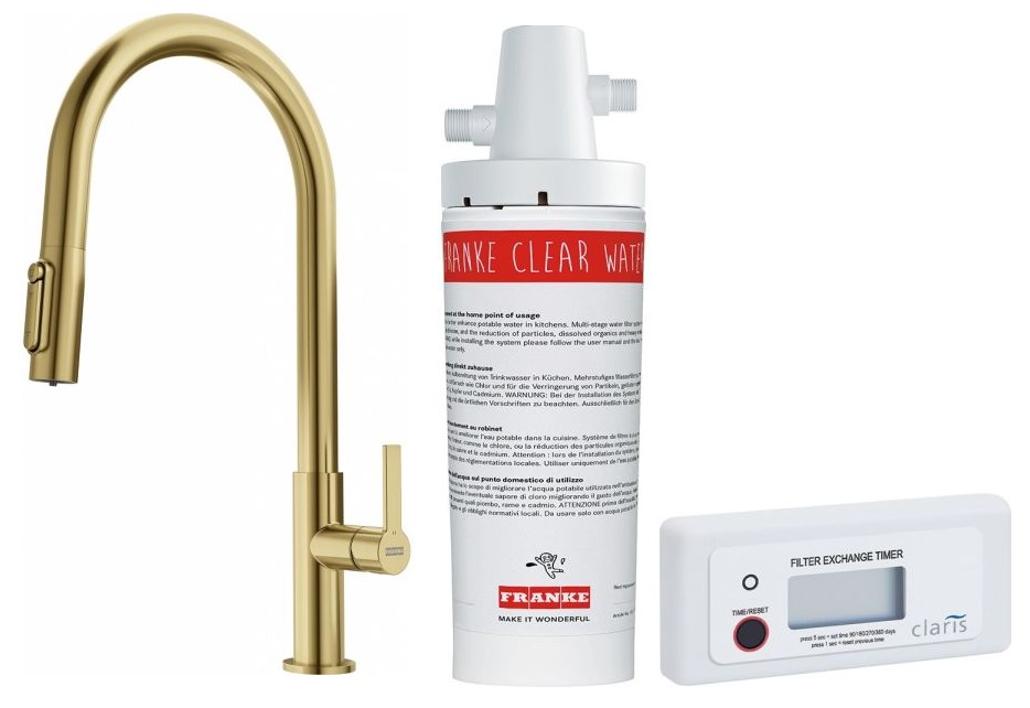 Set rubinetto da cucina Franke Maris Slim Clear Water J Pull-Out 120.0736.601, filtro sottolavello Franke Clear Water 133.0284.025