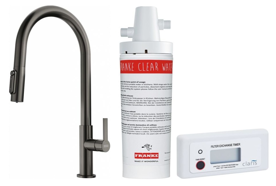 Set rubinetto da cucina Franke Maris Slim Clear Water J Pull-Out 120.0736.603, filtro sottolavello Franke Clear Water 133.0284.025