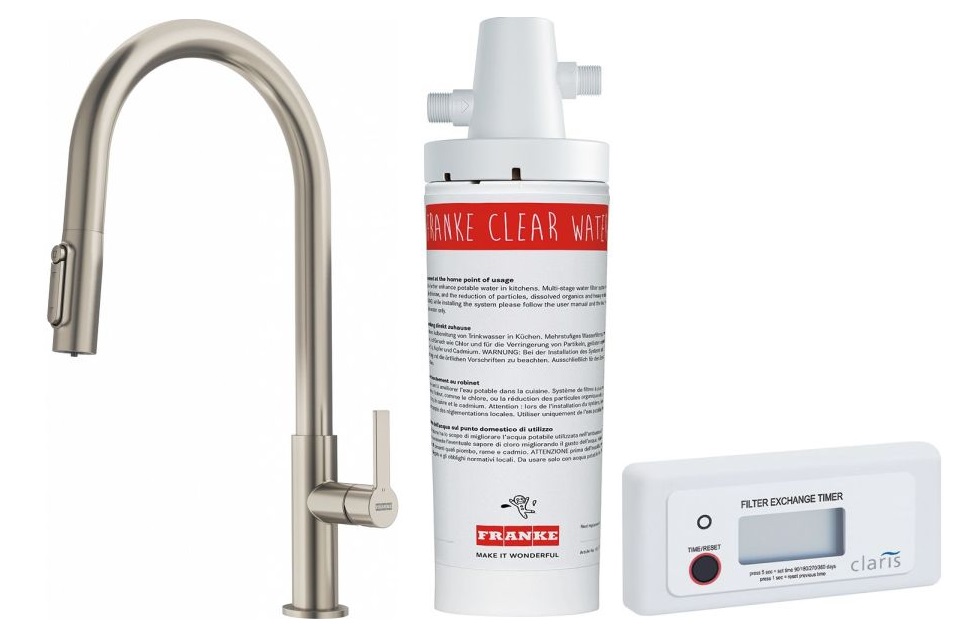 Set rubinetto da cucina Franke Maris Slim Clear Water J Pull-Out 120.0736.604, filtro sottolavello Franke Clear Water 133.0284.025