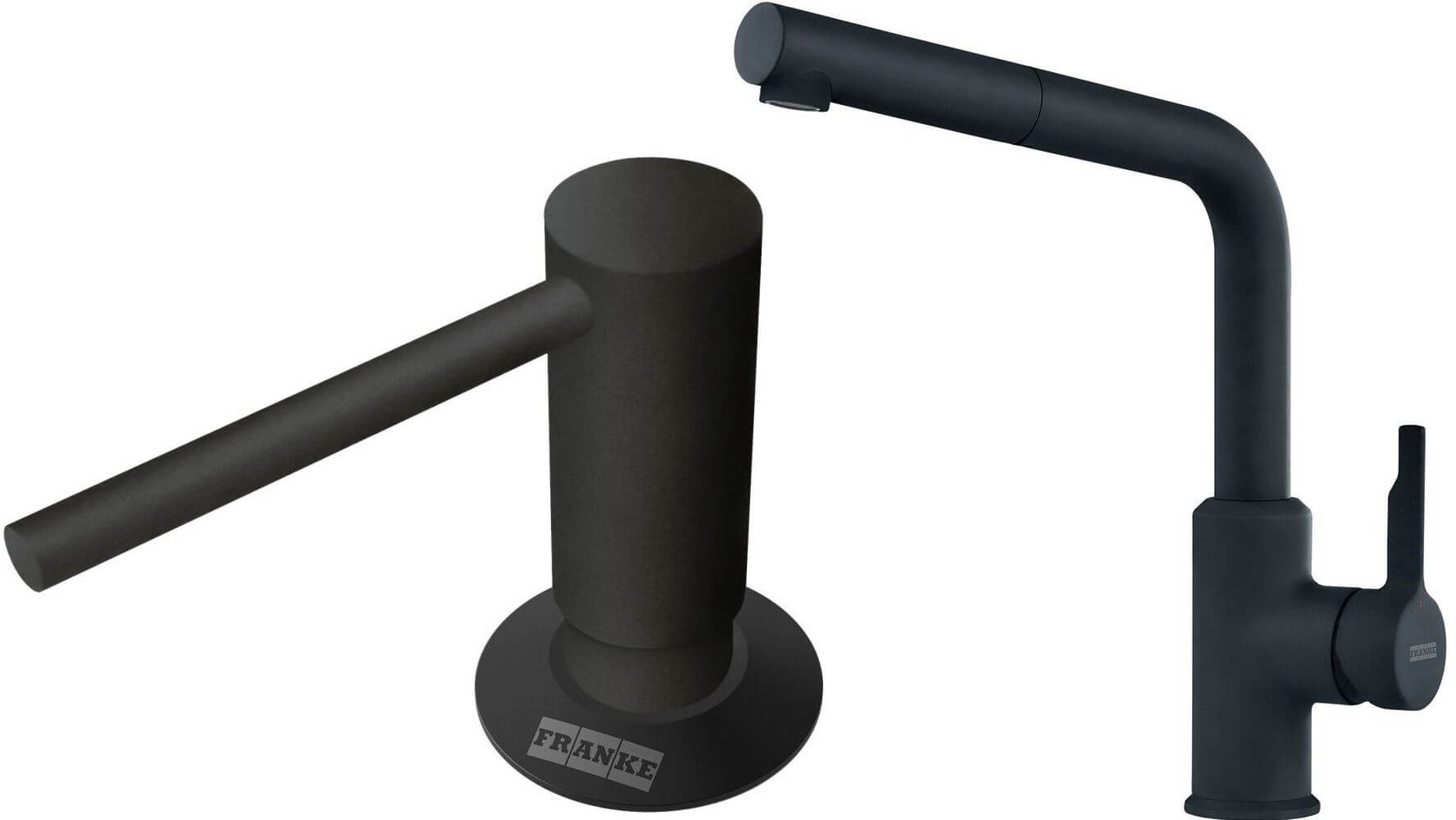 Set rubinetto da cucina Franke Urban 115.0627.523, dispenser di liquidi Franke Comfort 112.0753.277