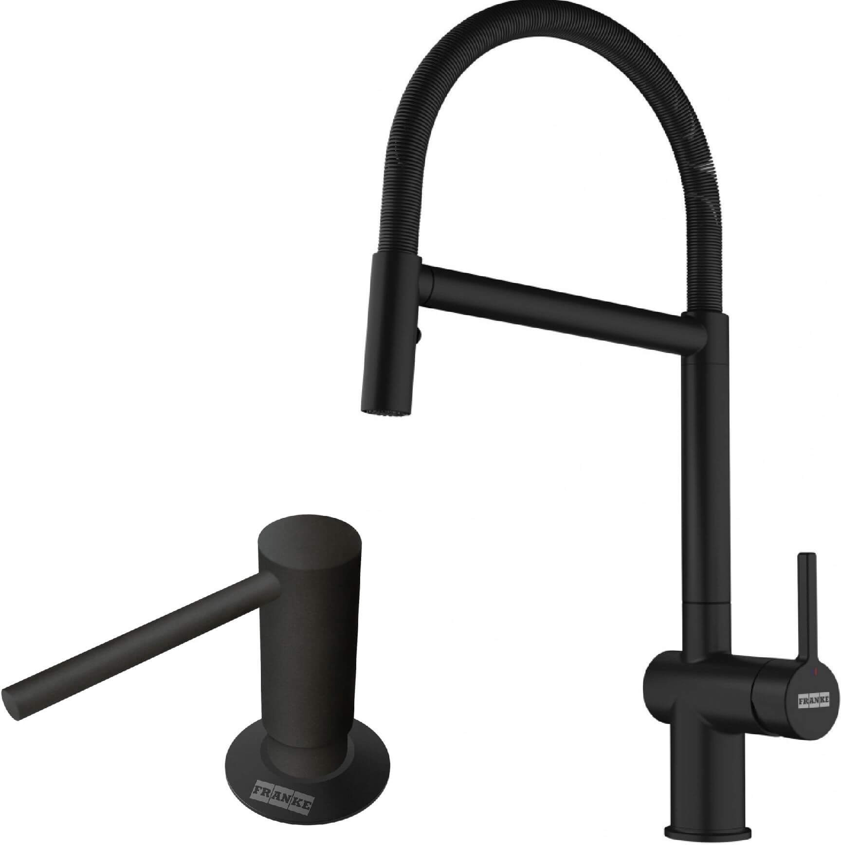 Set rubinetto da cucina Franke Active Semi Pro Spray 115.0653.409, dispenser di liquidi Franke Comfort 112.0753.277