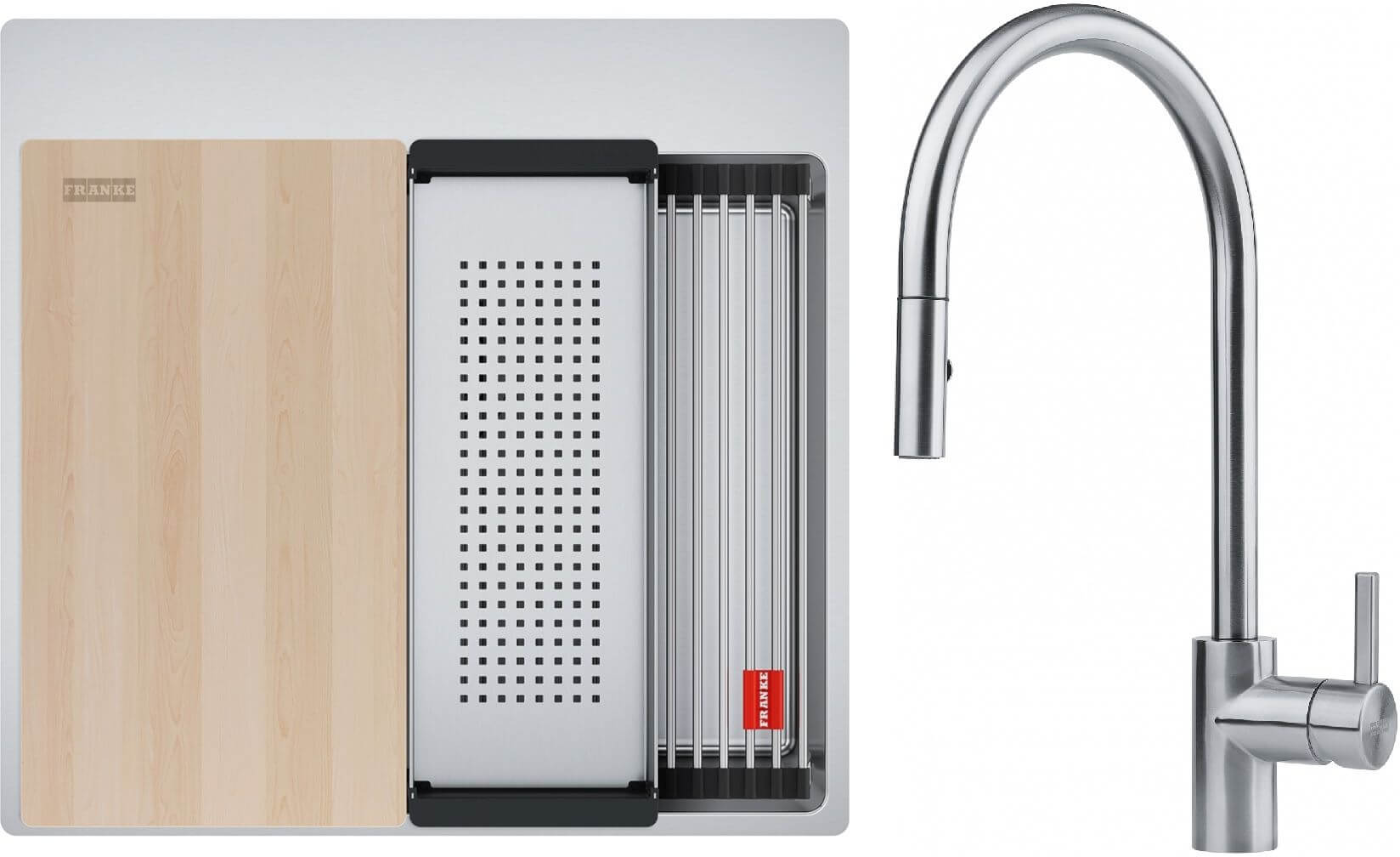 Set lavello in acciaio Franke Box 127.0749.856, rubinetto da cucina Franke Eos 115.0590.045