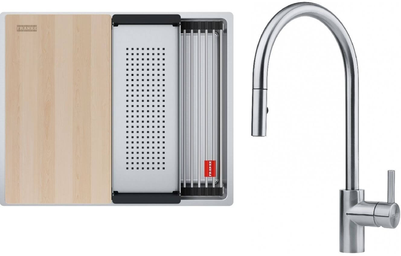 Set lavello in acciaio Franke Box 127.0749.858, rubinetto da cucina Franke Eos 115.0590.045
