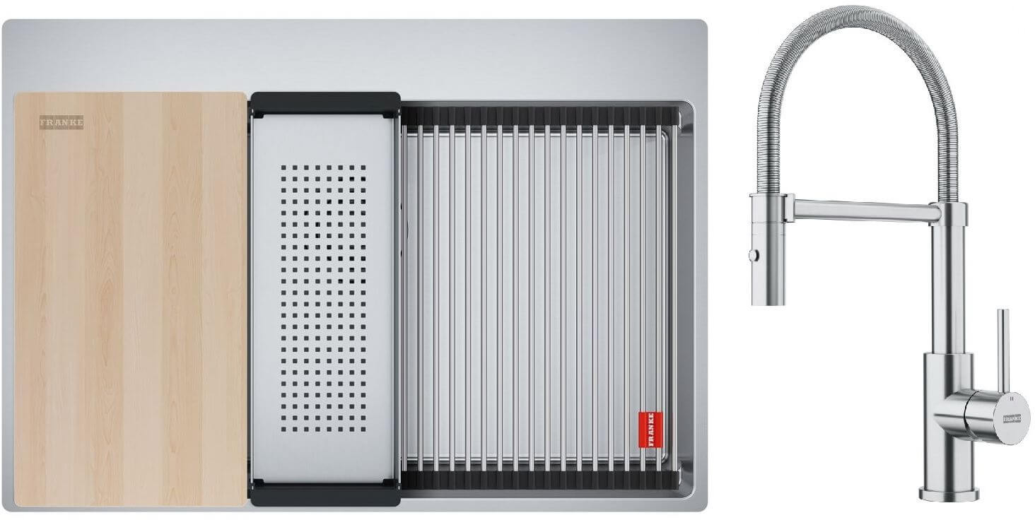 Set lavello in acciaio Franke Box 127.0749.857, rubinetto da cucina Franke Smart Glenda 115.0747.475