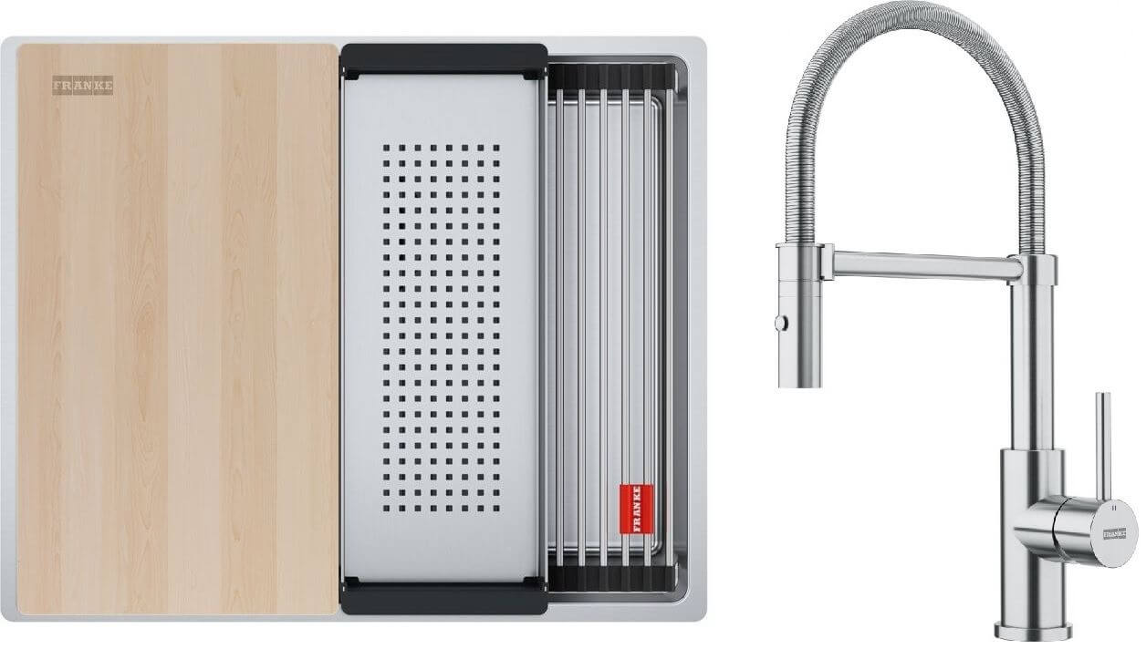 Set lavello in acciaio Franke Box 127.0749.858, rubinetto da cucina Franke Smart Glenda 115.0747.475