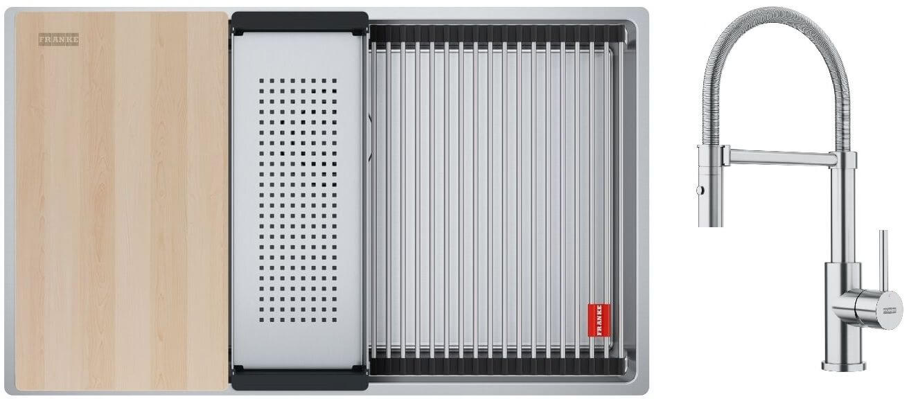 Set lavello in acciaio Franke Box 127.0749.859, rubinetto da cucina Franke Smart Glenda 115.0747.475