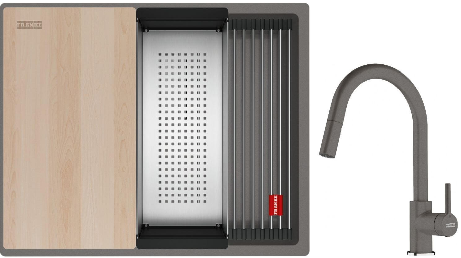 Set lavello in granito Franke Kanon 125.0749.658, rubinetto da cucina Franke Lina 115.0626.057