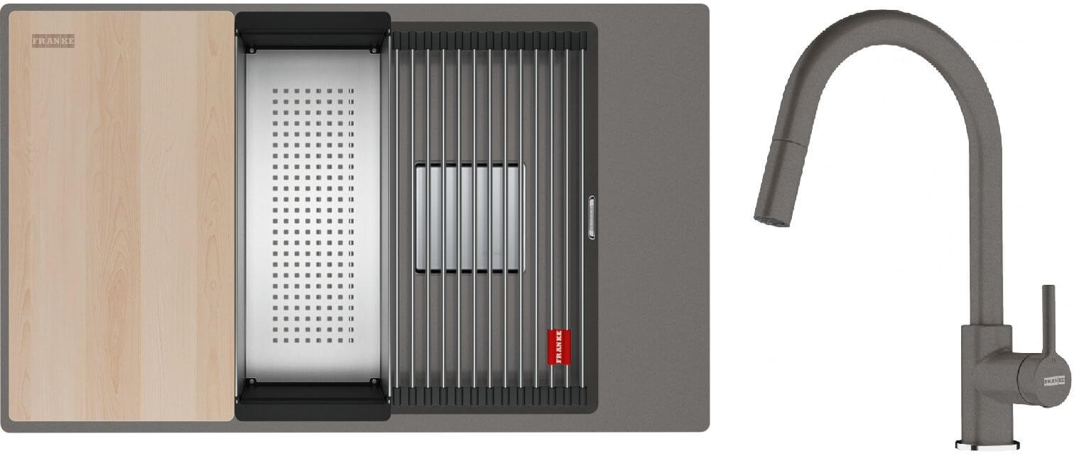 Set lavello in granito Franke Kanon 125.0749.668, rubinetto da cucina Franke Lina 115.0626.057