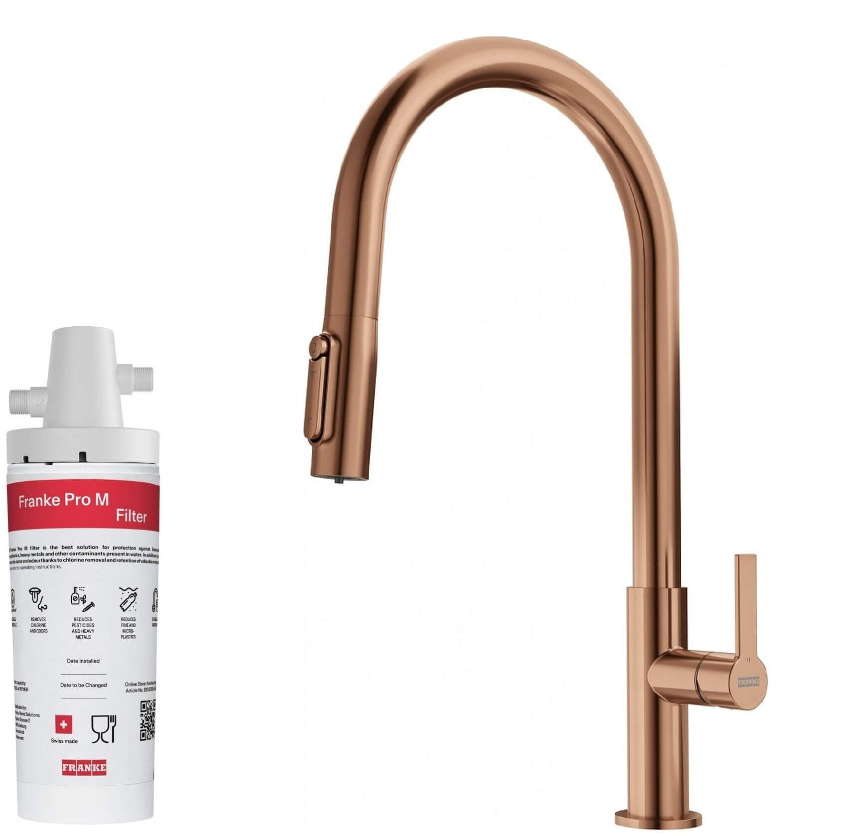 Set rubinetto da cucina Franke Maris Slim Clear Water J Pull-Out 120.0736.602, filtro sottolavello Franke Pro M Connect 150.0752.886