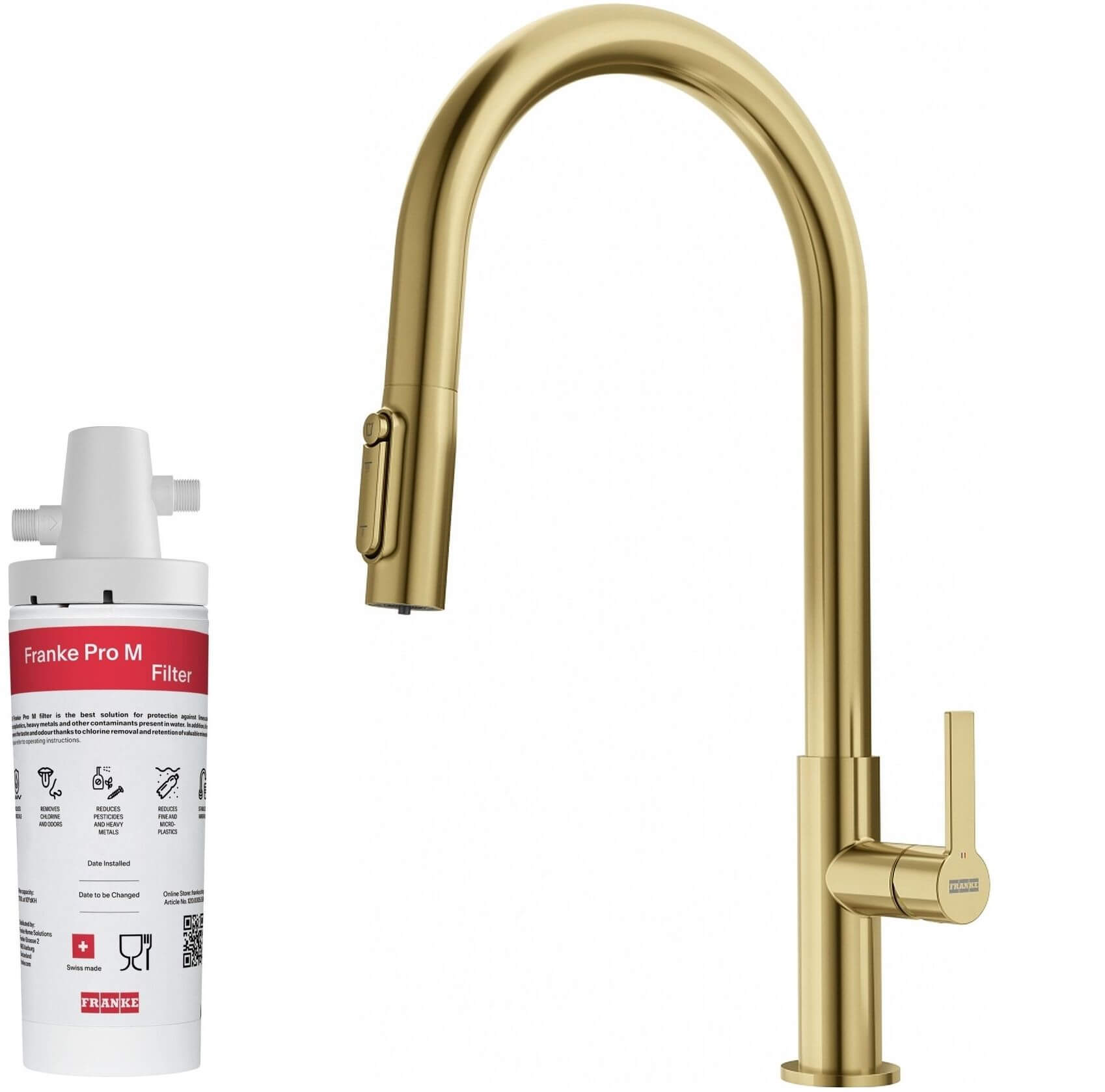 Set rubinetto da cucina Franke Maris Slim Clear Water J Pull-Out 120.0736.601, filtro sottolavello Franke Pro M Connect 150.0752.886