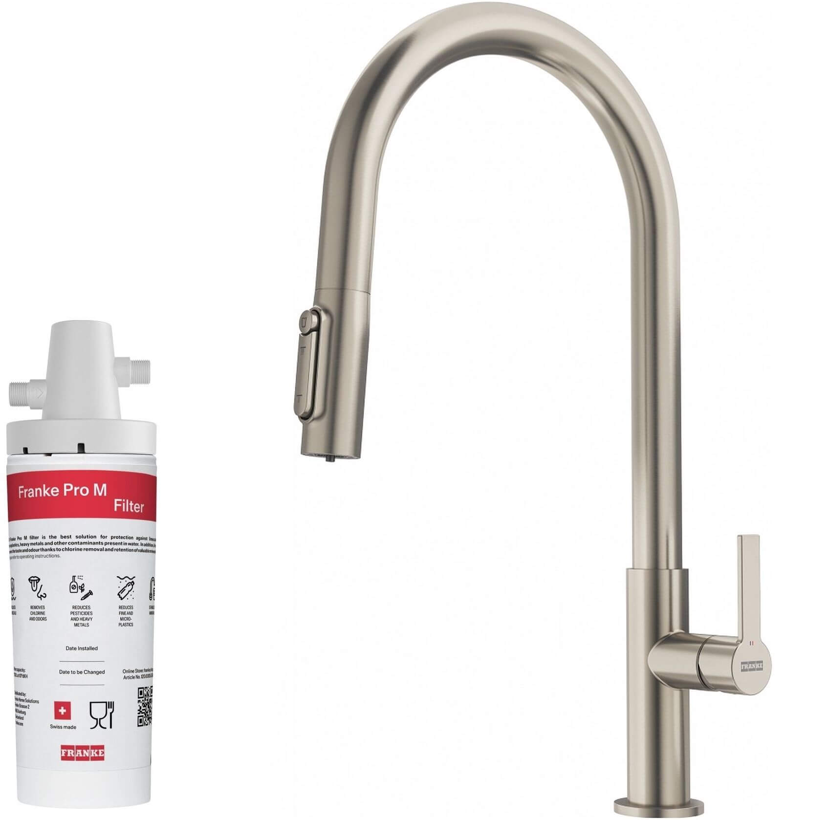 Set rubinetto da cucina Franke Maris Slim Clear Water J Pull-Out 120.0736.604, filtro sottolavello Franke Pro M Connect 150.0752.886