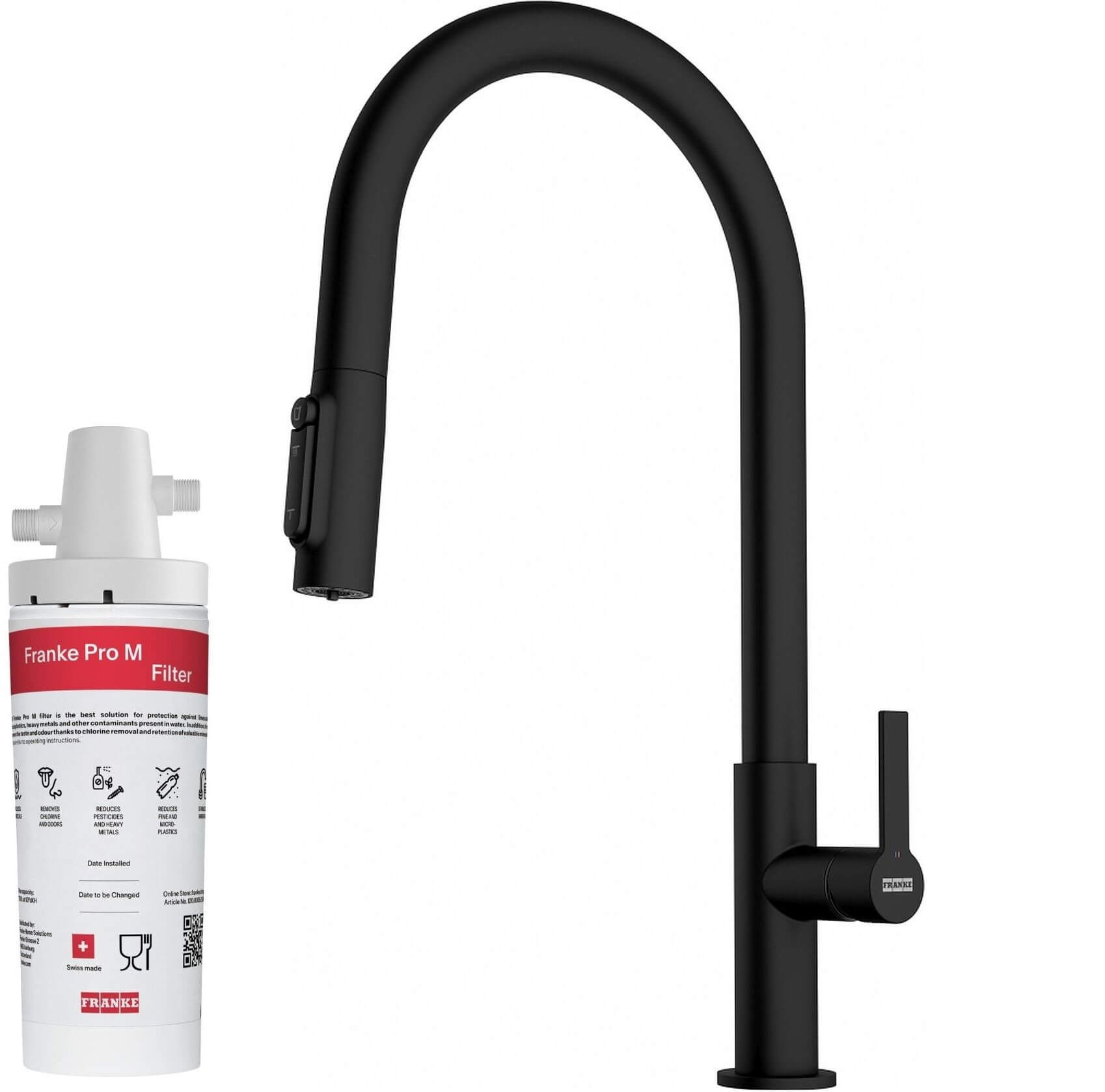 Set rubinetto da cucina Franke Maris Slim Clear Water J Pull-Out 120.0730.911, filtro sottolavello Franke Pro M Connect 150.0752.886