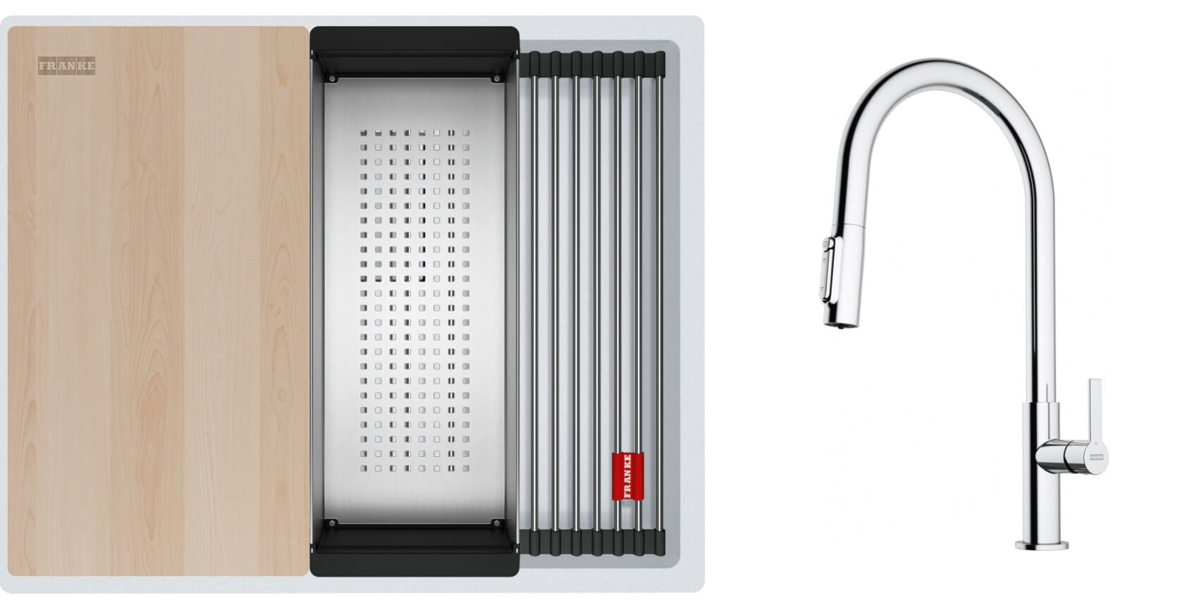 Set lavello in granito Franke Kanon 125.0749.655, rubinetto da cucina Franke Maris Slim Clear Water J Pull-Out 120.0730.870