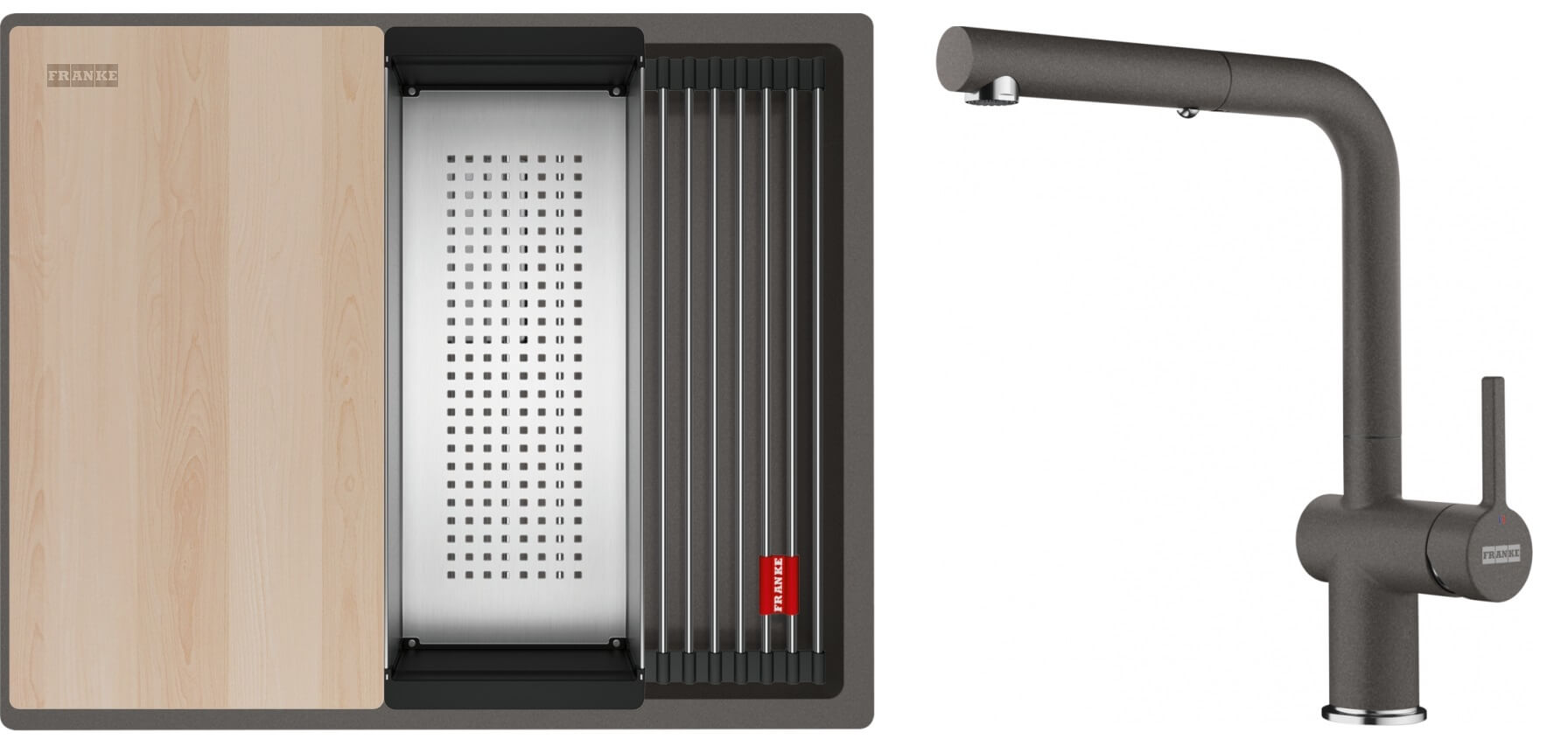Set lavello in granito Franke Kanon 125.0749.663, rubinetto da cucina Franke Active L Pull-Out Spray 115.0721.464
