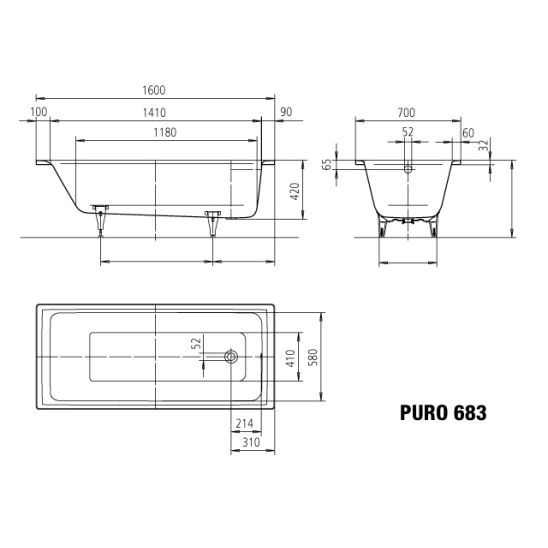 Set vasca da bagno rettangolare Kaldewei Puro 258300010001, sifone con troppopieno Kaldewei Bis 687676500000