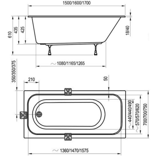 Set vasca da bagno rettangolare Ravak Chrome C731000000, sifone per vasca da bagno Ravak X01305, GPX2240015