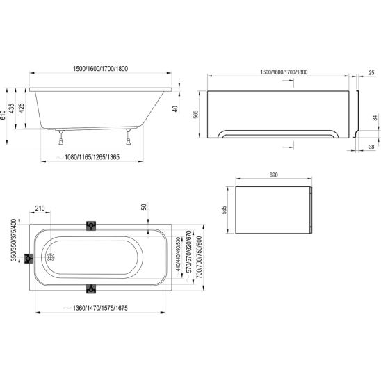 Set vasca da bagno rettangolare Ravak Chrome C731000000, sifone per vasca da bagno Ravak X01305, GPX2240015