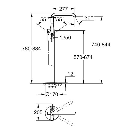 Set rubinetto per vasca e doccia Grohe Essence 23491001, elemento di montaggio a pavimento Grohe 45984001, 23590001