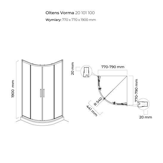 Set box doccia Oltens Vorma 20101100, piatto doccia semicircolare Oltens Superior 16001000