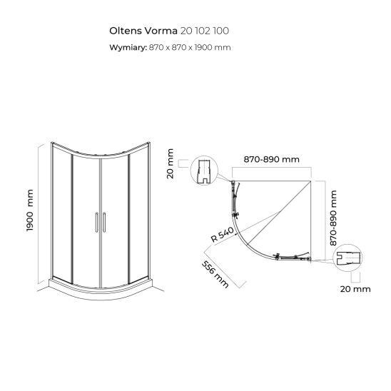 Set box doccia Oltens Vorma 20102100, piatto doccia semicircolare Oltens Superior 16002000