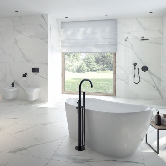 Set vasca da bagno freestanding Oltens Gocta 12003000, copertura piletta Oltens 09002000, 09004000
