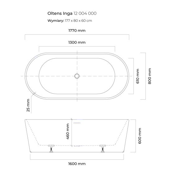 Set vasca da bagno freestanding Oltens Inga 12004000, copertura piletta Oltens 09002800