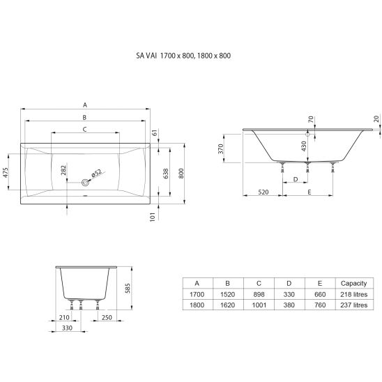 Set vasca da bagno rettangolare Roca Savai A248590000, parete vasca Roca Capital AM4111512M, A5A0111C00
