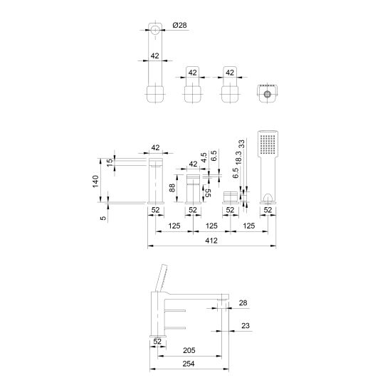 Set rubinetto per vasca e doccia Omnires Slide SL7732GR, rubinetto per lavabo Omnires Slide SL7712GR