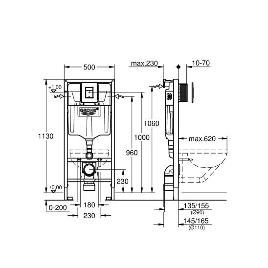 Set modulo di installazione con placca di comando e guarnizione Grohe Solido 39930000, vaso WC con copriwater a discesa lenta Grohe Bau Ceramic 39899000