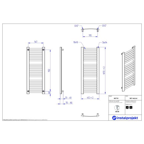 Set radiatore da bagno Instal Projekt Retto RET-40/110C31, set termostatico Instal Projekt Z17 606400002C31