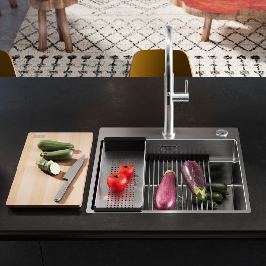 Set lavello in acciaio Franke Box 127.0749.856, rubinetto da cucina Franke Eos 115.0590.045