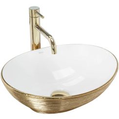 Rea Sofia lavabo 41x34.5 cm ovale da appoggio bianco-oro REA-U3697