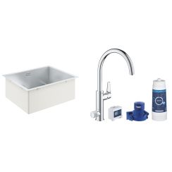 Set starter kit con rubinetto da cucina Grohe Blue 30385000, lavello in acciaio Grohe K700 31726SD0