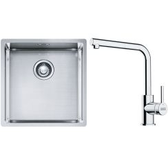 Set lavello in acciaio Franke Box 127.0453.654, rubinetto da cucina Franke Lina 115.0712.420