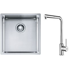 Set lavello in acciaio Franke Box 127.0453.654, rubinetto da cucina Franke Sirius Side 115.0668.280