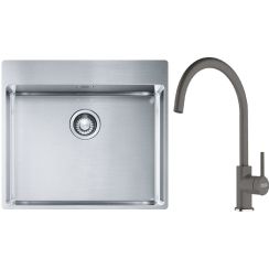 Set lavello in acciaio Franke Box 127.0369.295, rubinetto da cucina Franke Lina 115.0626.022
