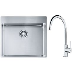 Set lavello in acciaio Franke Box 127.0369.295, rubinetto da cucina Franke Lina 115.0693.228