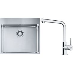 Set lavello in acciaio Franke Box 127.0369.295, rubinetto da cucina Franke Lina 115.0712.420