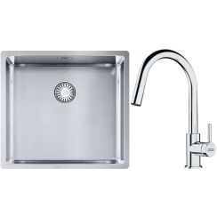 Set lavello in acciaio Franke Box 127.0453.655, rubinetto da cucina Franke Lina 115.0693.229