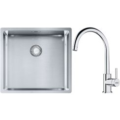Set lavello in acciaio Franke Box 127.0453.655, rubinetto da cucina Franke Lina 115.0693.228
