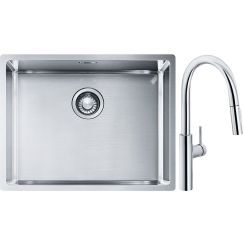 Set lavello in acciaio Franke Box 127.0453.660, rubinetto da cucina Franke Pescara L Slide-In 115.0538.940